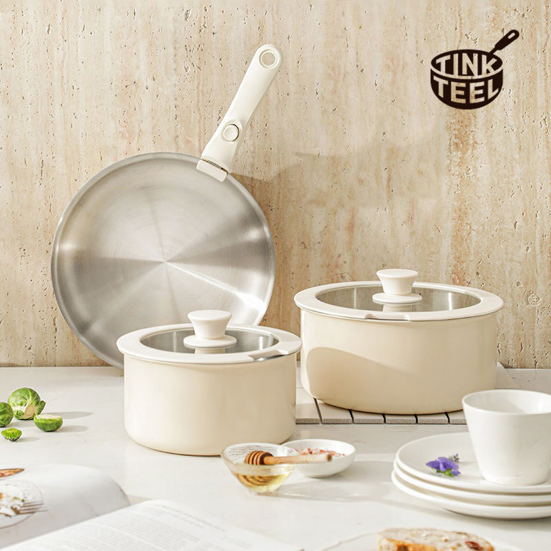 Detachable Handle Tri Ply Steel Cookware Set-Stainless Steel Pots & Pans with Glass Lids